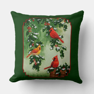 Red Cardinals and Holly Reversible Throw Pillow