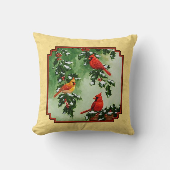 Red Cardinals and Holly Yellow Throw Pillow (Front)