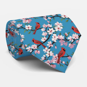 Red Cardinals and Pink Cherry Blossoms Blue Neck Tie