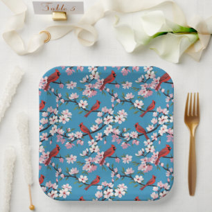 Red Cardinals and Pink Cherry Blossoms Blue Paper Plates