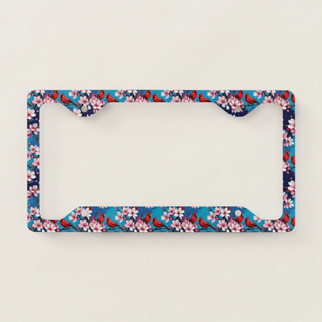 Red Cardinals and Pink Cherry Blossoms License Plate Frame (Front)