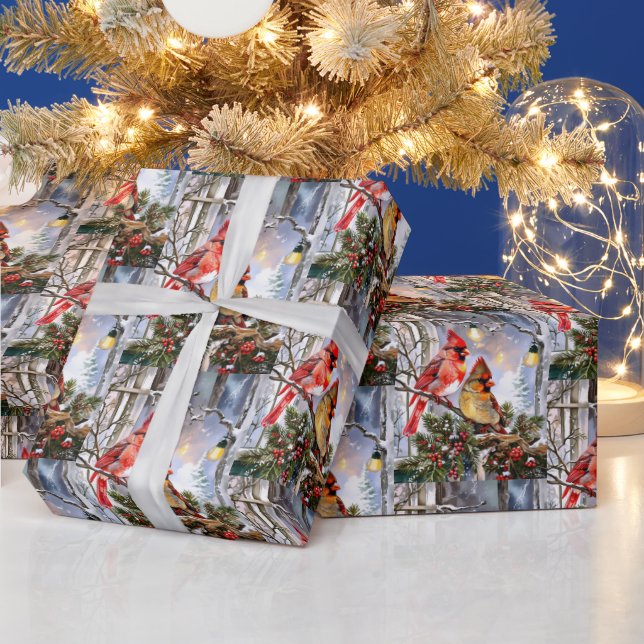 Red Cardinals and Wild Berries Winter Christmas Wrapping Paper (Holidays)