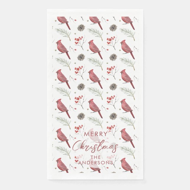 Red Cardinals and Winter Berries Custom Christmas Paper Guest Towels (Front)