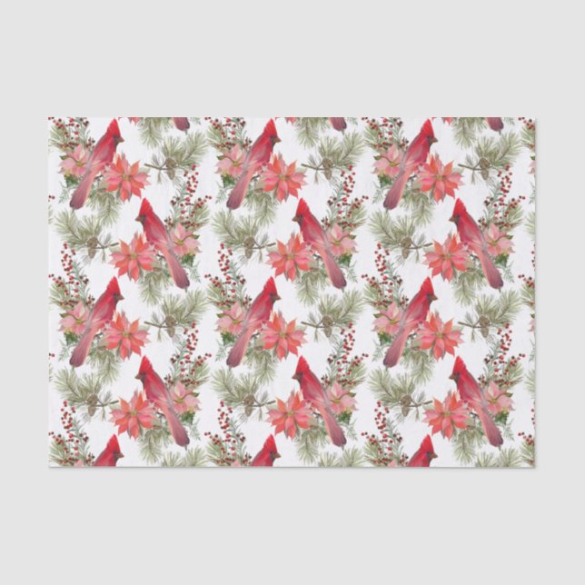 Red Cardinals, Berries and Poinsettia Flowers   Tissue Paper (Front)