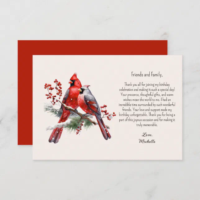 Red Cardinals Berries Birthday Thank You Card | Zazzle