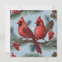 Red Cardinals, Berries, Pine Branches, Pinecones Holiday Card