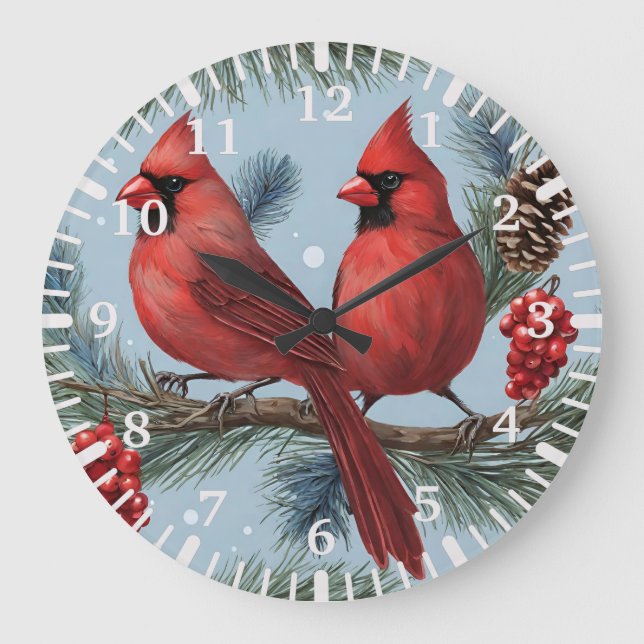 Red Cardinals, Berries, Pine Branches, Pinecones  Large Clock (Front)