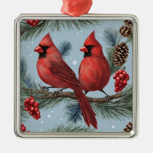 Red Cardinals, Berries, Pine Branches, Pinecones Metal Ornament