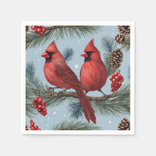 Red Cardinals Berries Pine Branches Pinecones  Napkins