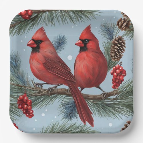 Red Cardinals Berries Pine Branches Pinecones  Paper Plates