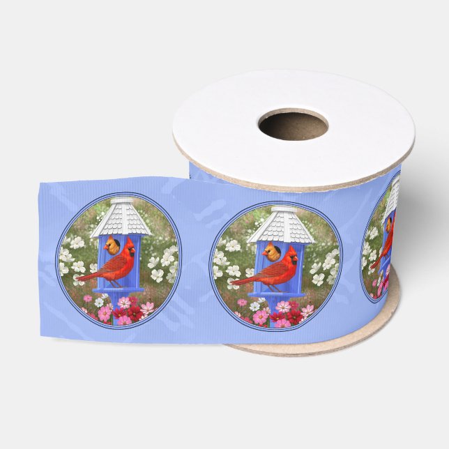 Red Cardinals Bird House Flower Garden Blue Grosgrain Ribbon (Spool)
