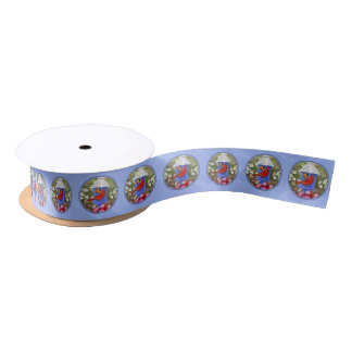 Red Cardinals Bird House Flower Garden Blue Satin Ribbon