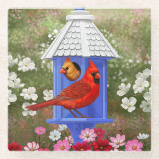 Red Cardinals Bird House Flower Garden Glass Coaster