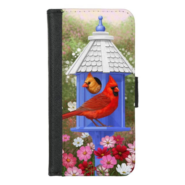 Red Cardinals Bird House Flower Garden iPhone Wallet Case (Front)
