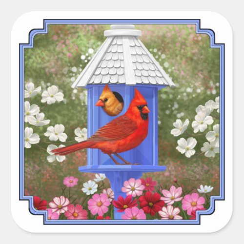Red Cardinals Bird House Flower Garden Square Sticker