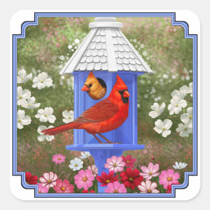 Red Cardinals Bird House Flower Garden Square Sticker