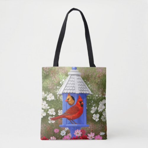 Red Cardinals Bird House Flower Garden Tote Bag