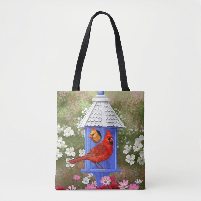 Red Cardinals Bird House Flower Garden Tote Bag (Front)