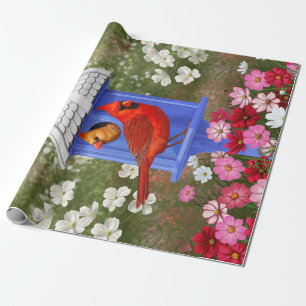 Red Cardinals Bird House Flower Garden Wrapping Paper
