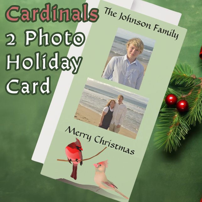 Red Cardinals Christmas Birds  Light Green Holiday Card (Red Cardinal Christmas Birds 2 -photo  Flat Holiday Cards.)