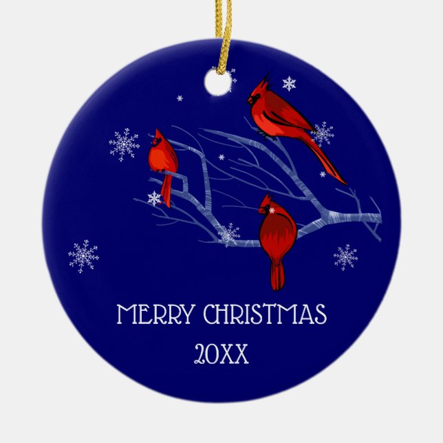Red Cardinals | Custom Year Christmas  Ceramic Ornament (Front)
