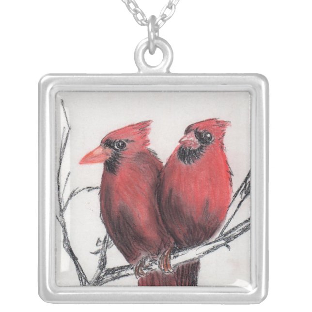 Red cardinals - hand drawn silver plated necklace (Front)