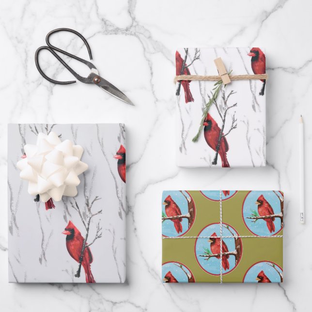 Red Cardinals Holiday Wrapping Paper Sheets (Front)