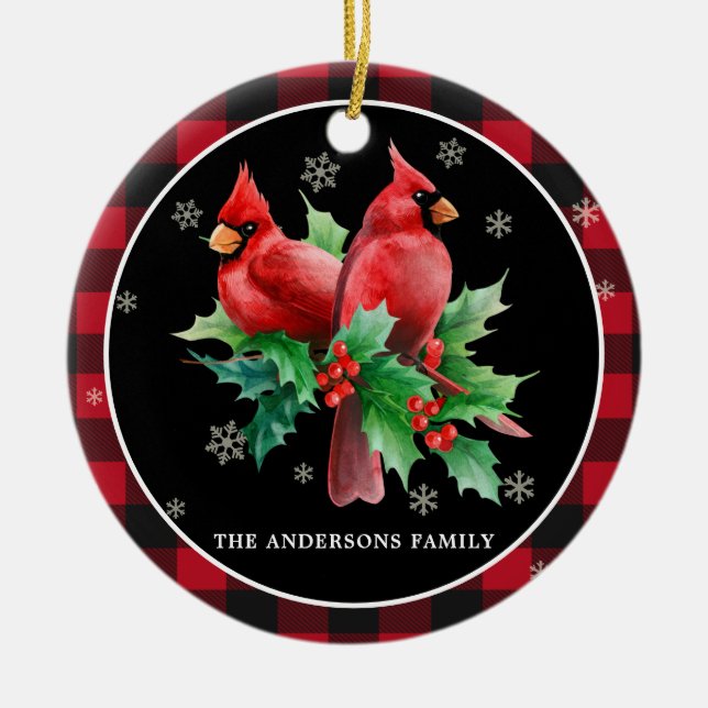 Red Cardinals Holly Berries Personalized Christmas Ceramic Ornament (Front)