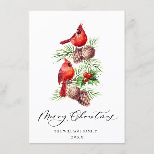 Red Cardinals Holly Berry Christmas Greeting Holiday Card