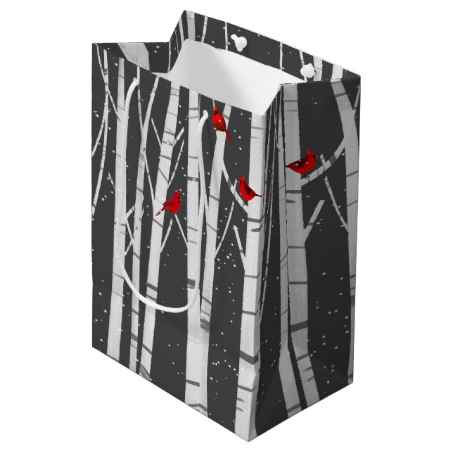 Red Cardinals in Birch Tree Medium Gift Bag (Front Angled)