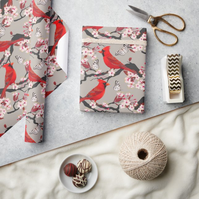 Red Cardinals In Cherry Blossoms  Wrapping Paper (Crafts)