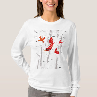 Red Cardinals in White Birch Trees Winter Scene T-Shirt