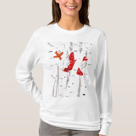 Red Cardinals In White Birch Trees Winter Scene T-shirt