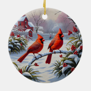 Red cardinals in winter ceramic ornament