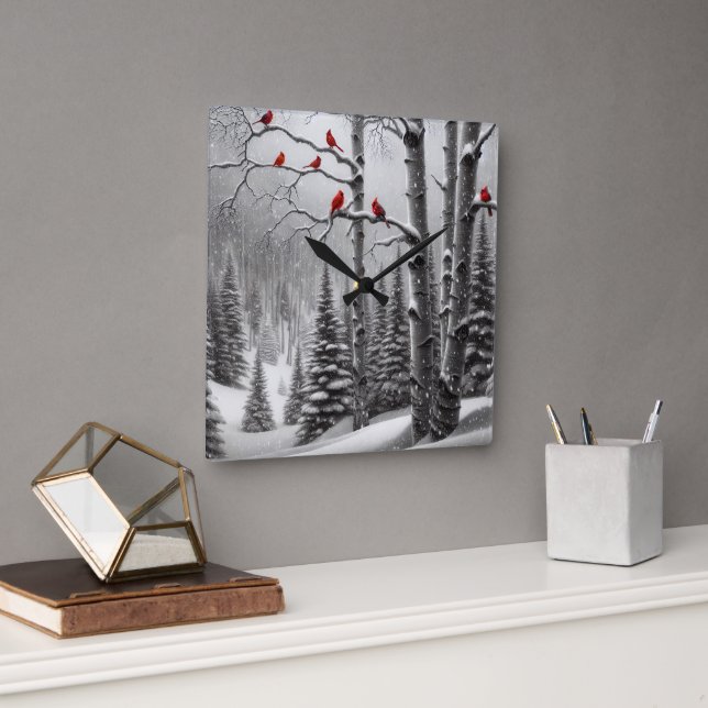 Red Cardinals In Winter Forest Square Wall Clock (Office)