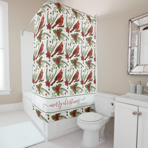 Red Cardinals Merry Christmas Shower Curtain