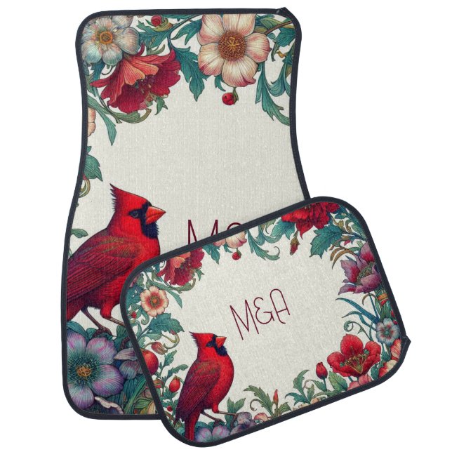 Red Cardinals Monogram Custom Initials  Car Floor Mat (Set)