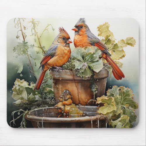 Red Cardinals on a Clay Flower Pot of Geraniums Mouse Pad