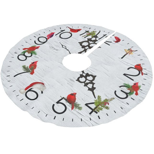 Red Cardinals On Birch Design Brushed Polyester Tree Skirt (Angled)