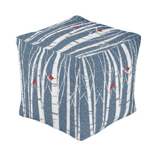 Red Cardinals On Birch Trees In Snowflakes Pouf