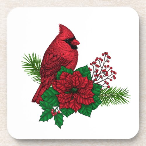 Red Cardinals on Christmas decoration Beverage Coaster