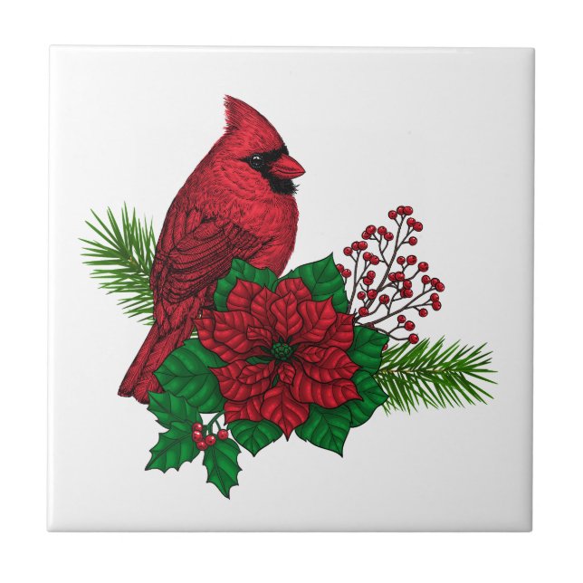 Red Cardinals on Christmas decoration Ceramic Tile (Front)