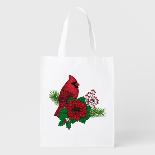 Red Cardinals on Christmas decoration Grocery Bag