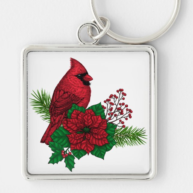 Red Cardinals on Christmas decoration Keychain (Front)