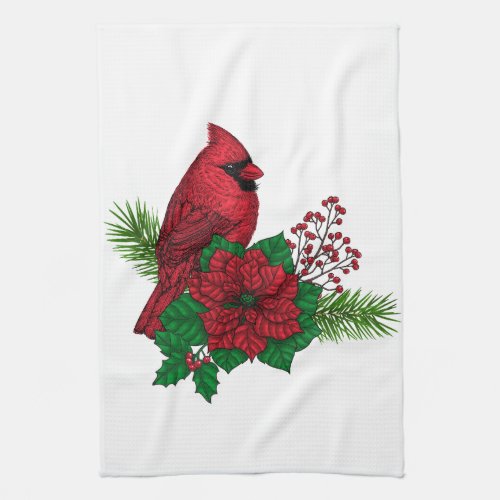 Red Cardinals on Christmas decoration Kitchen Towel