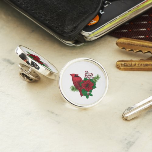 Red Cardinals on Christmas decoration Lapel Pin