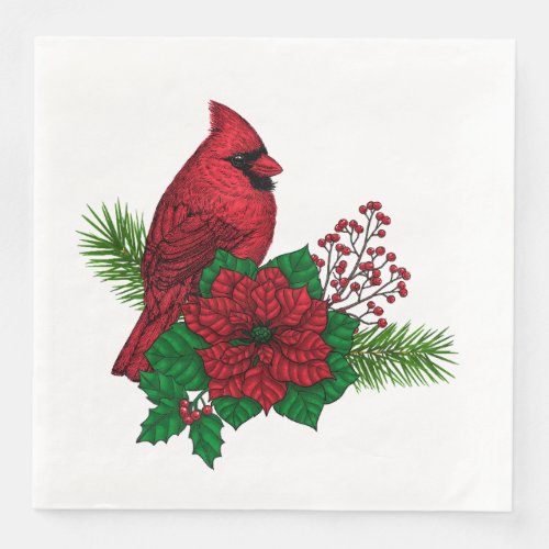 Red Cardinals on Christmas decoration Paper Dinner Napkins