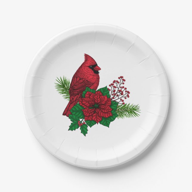 Red Cardinals on Christmas decoration Paper Plates (Front)