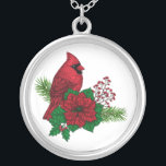 Red Cardinals on Christmas decoration Silver Plated Necklace<br><div class="desc">Hand-drawn red cardinal bird perching on a Christmas bouquet of fir branches poinsettia and red berries</div>