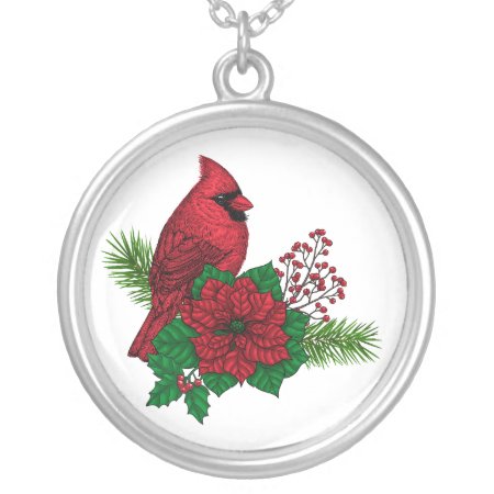 Red Cardinals On Christmas Decoration Silver Plated Necklace